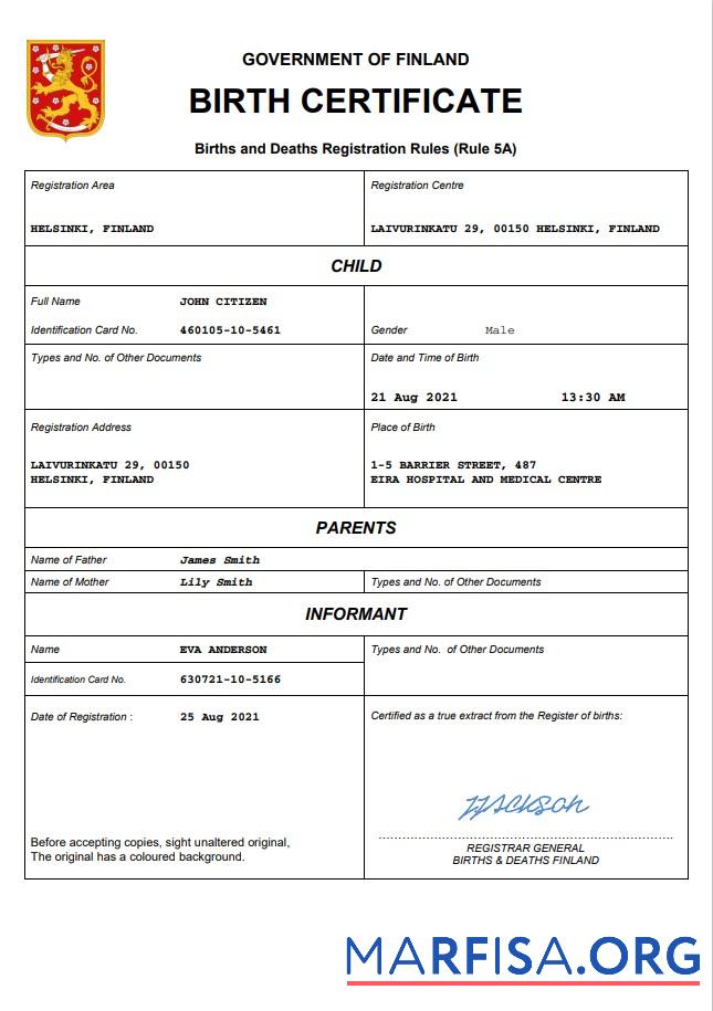 Blank Finland vital record birth certificate Word and PDF template